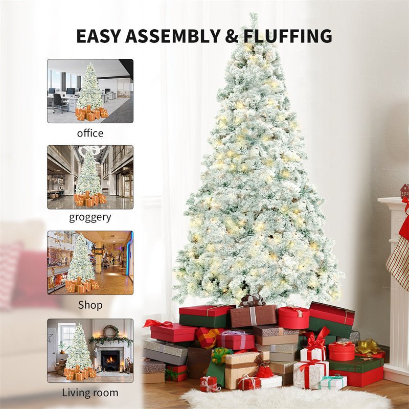 Snow-covered artificial Christmas tree with festive style.
