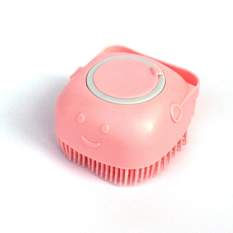 Dog bath massage brush with soft silicone bristles for gentle grooming.