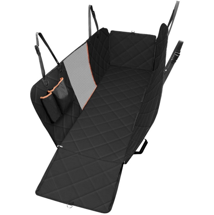 Waterproof rear back seat cover for traveling with pets.