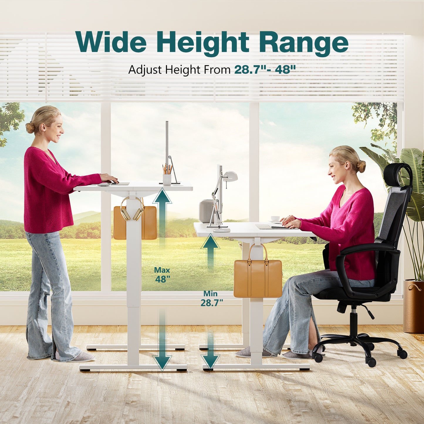 Electric standing desk with sit-stand height adjustment feature.