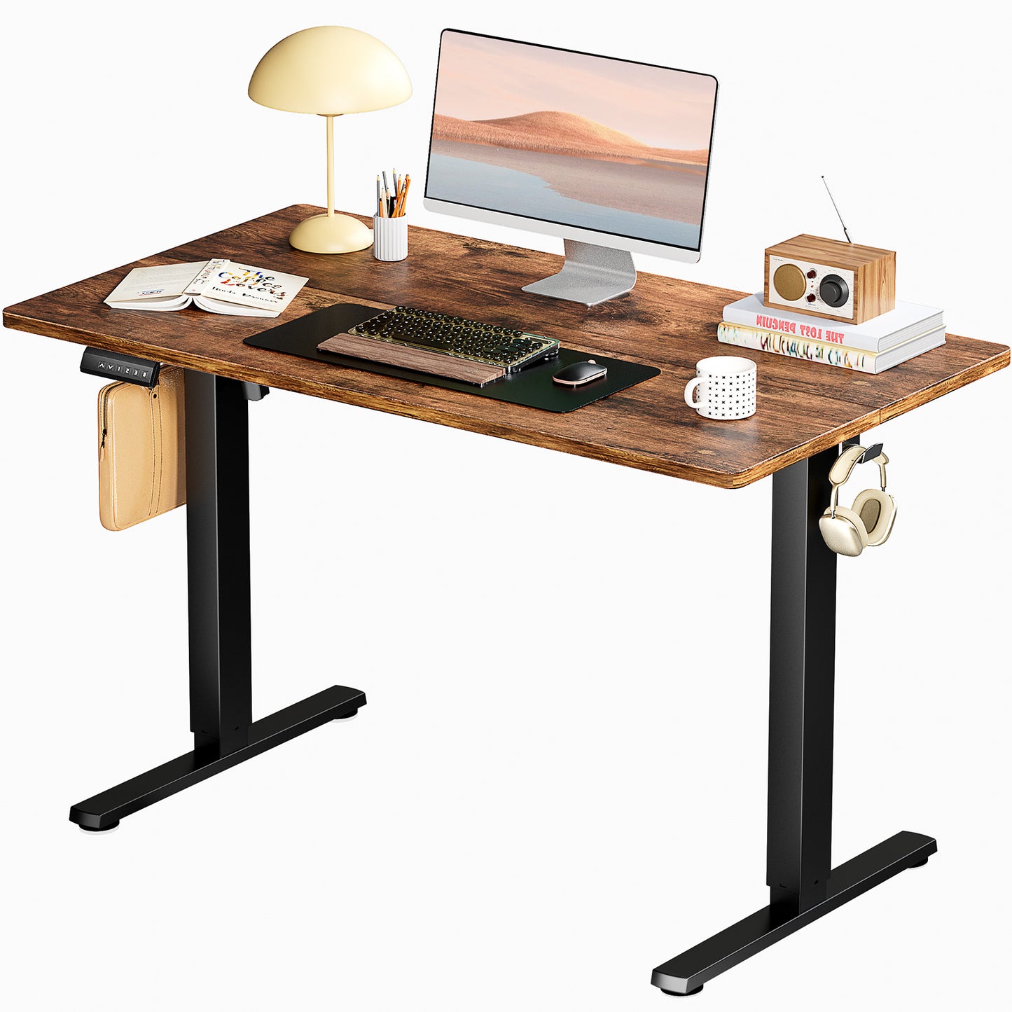 Office desk with ergonomic adjustable height for comfort.