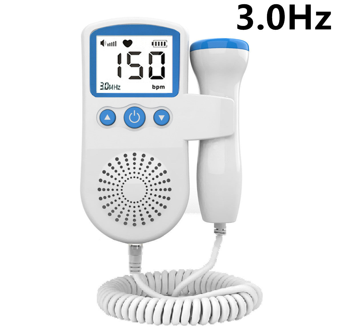 Portable pregnancy fetal doppler powered by AA batteries.