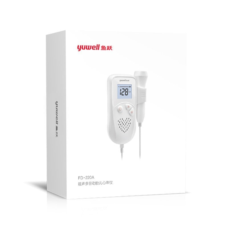 Close-up view of fetal doppler LCD display in use.