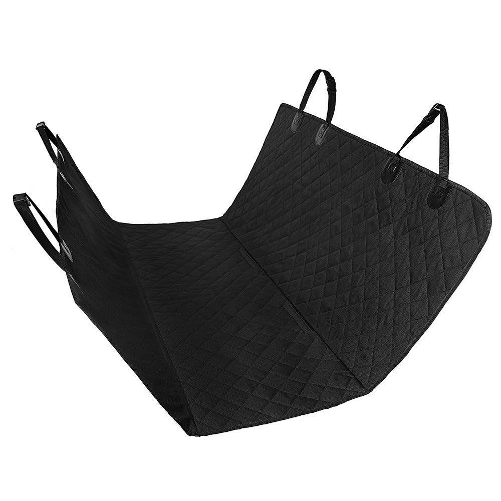 Hammock-style dog car seat cover with side flaps and zipper.