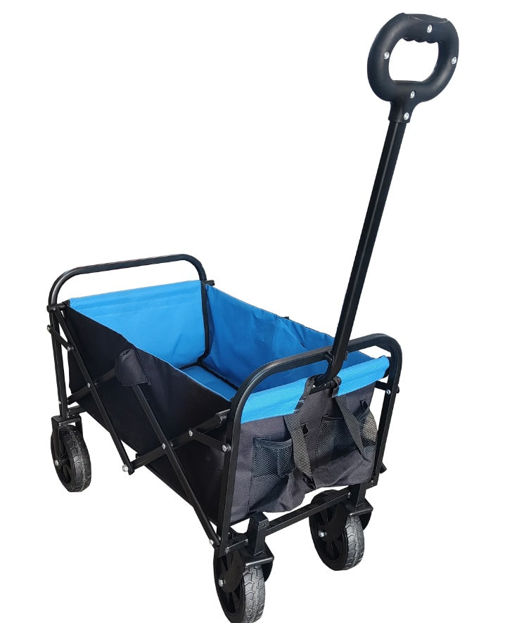 Mini outdoor folding wagon with utility handle.