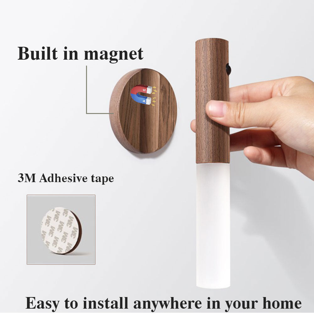 Rechargeable night light with stylish wood finish.