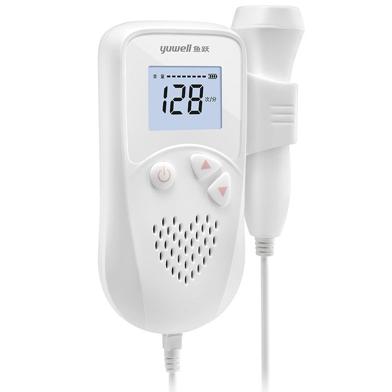 Portable fetal doppler with LCD screen showing heartbeat readings.