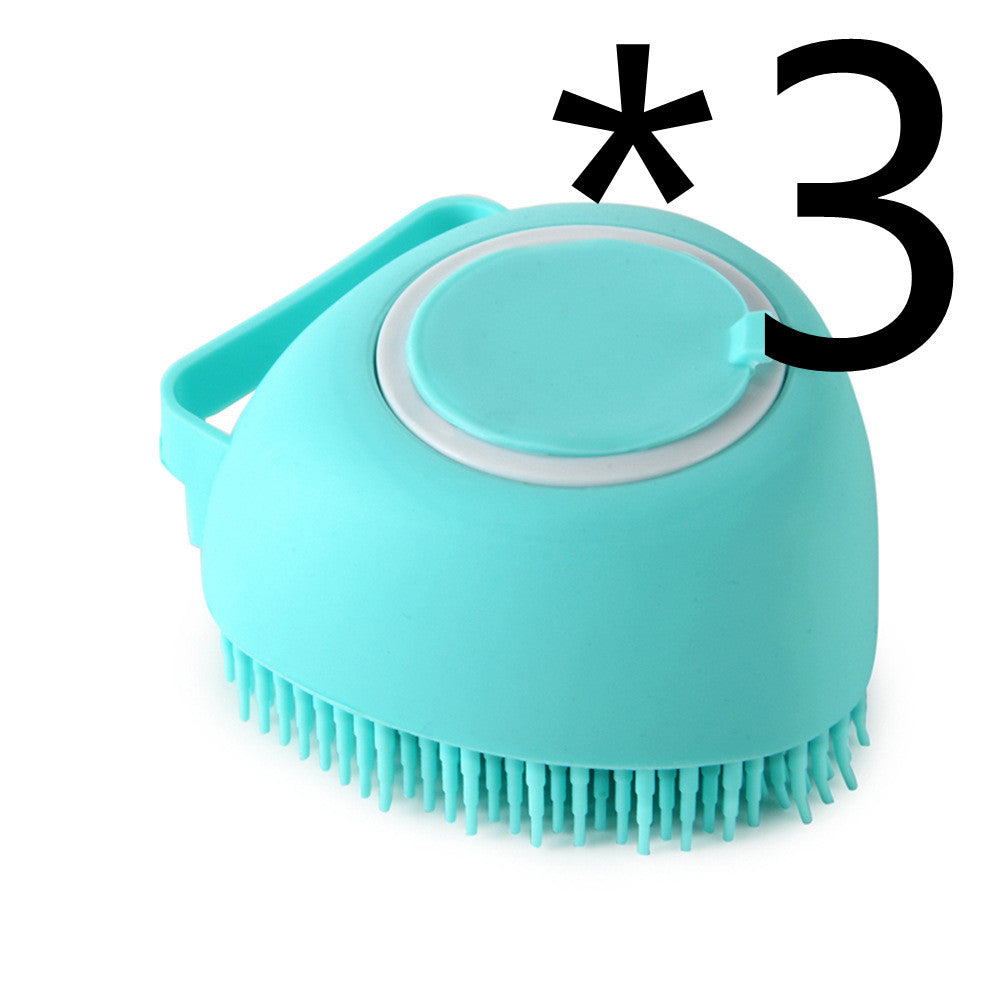 Silicone dog shampooing brush with soft ergonomic grip.