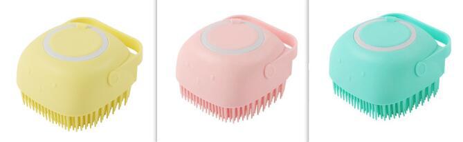 Portable silicone pet brush with shampoo dispenser for grooming.