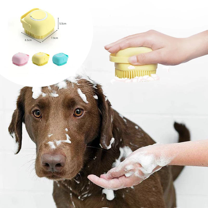 Soft bristle dog bath massage brush for home grooming.