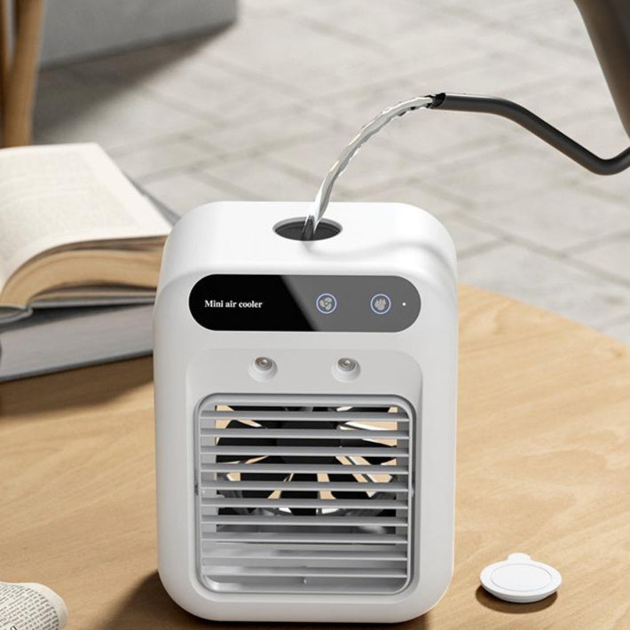 Quiet personal air cooling device for hot summer days.