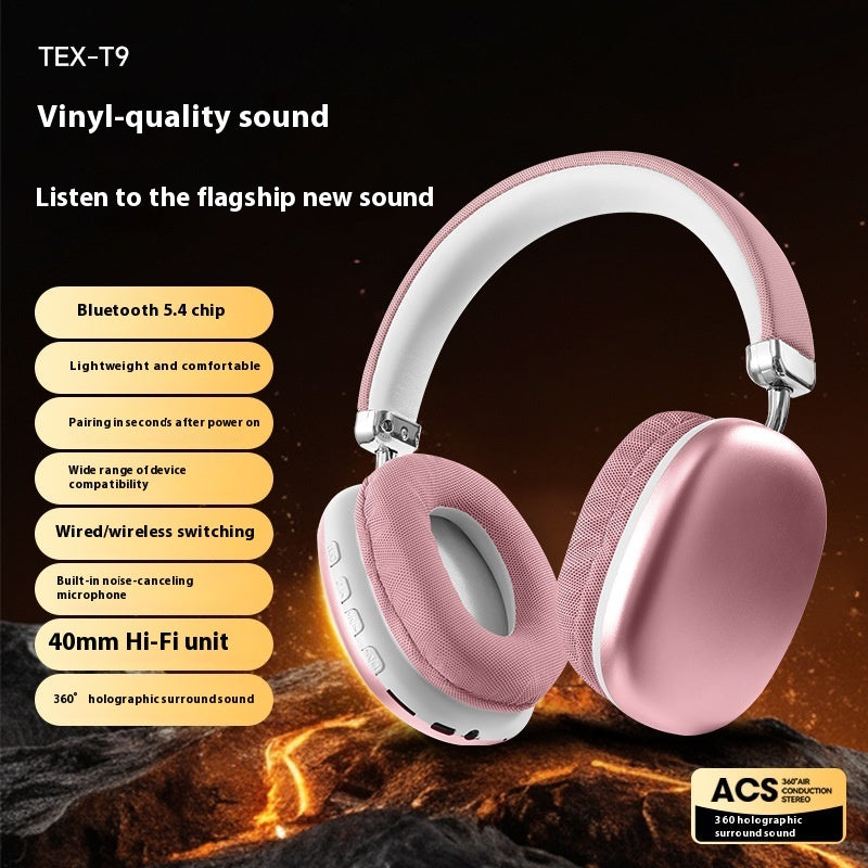 Wireless headset with adjustable headband and built-in mic.