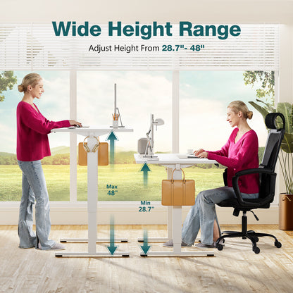 Electric standing desk with sit-stand height adjustment feature.