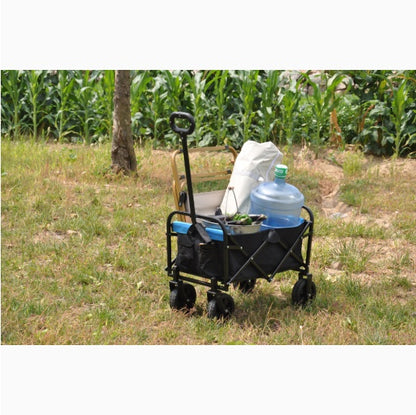 Foldable shopping wagon cart with easy-carry handle.