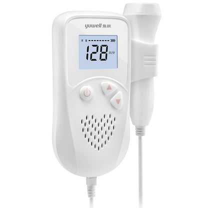 Portable fetal doppler with LCD screen showing heartbeat readings.