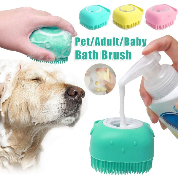 Silicone pet bath brush with built-in shampoo dispenser for dogs and cats.