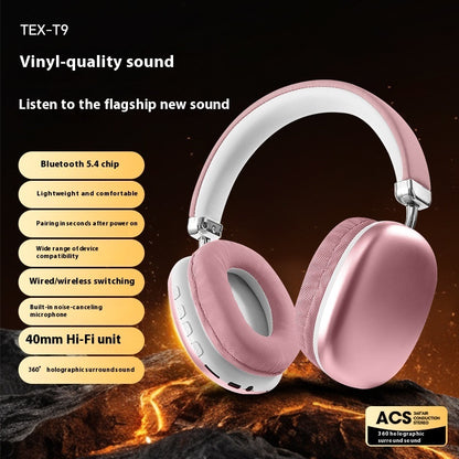 Wireless headset with adjustable headband and built-in mic.